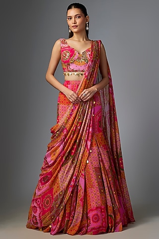 Pink Crepe Floral Printed Mermaid Saree Set by DiyaRajvvir