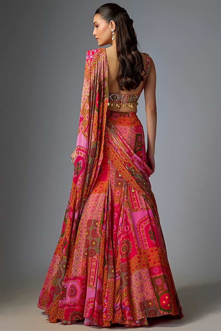 Pink Crepe Floral Printed Mermaid Wedding Saree Set by DiyaRajvvir at Pernia's Pop Up Shop