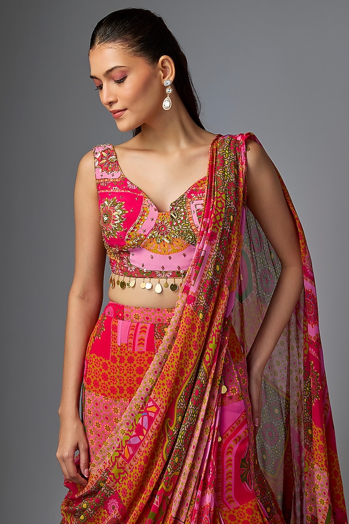 Pink Crepe Floral Printed Mermaid Wedding Saree Set by DiyaRajvvir at Pernia's Pop Up Shop
