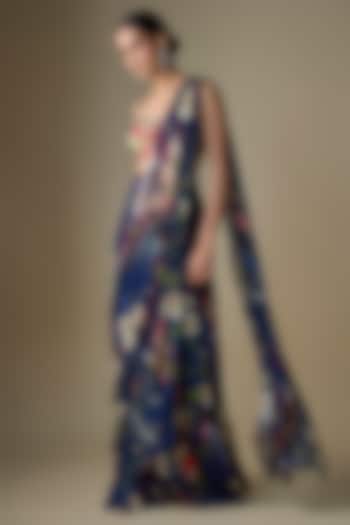 Blue Georgette Floral Printed Draped Tiered Skirt Wedding Saree Set by DiyaRajvvir at Pernia's Pop Up Shop