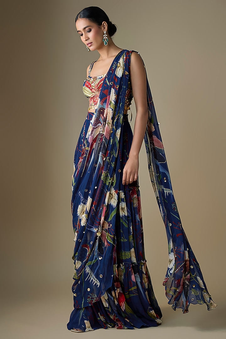 Blue Georgette Floral Printed Draped Tiered Skirt Wedding Saree Set by DiyaRajvvir at Pernia's Pop Up Shop