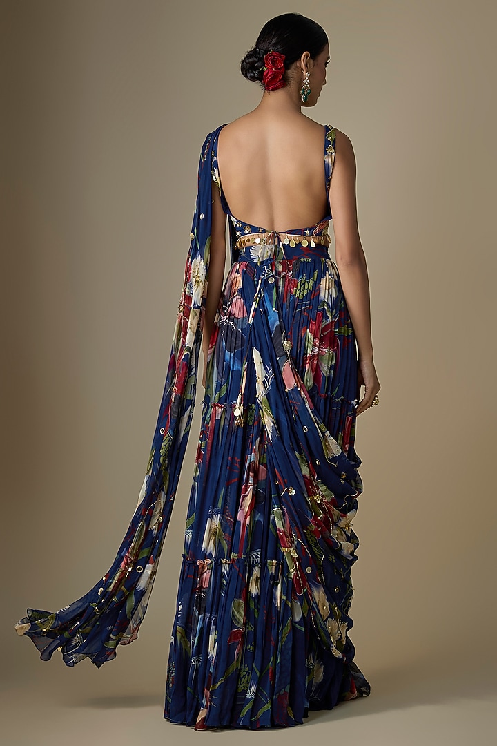 Blue Georgette Floral Printed Draped Tiered Skirt Wedding Saree Set by DiyaRajvvir at Pernia's Pop Up Shop