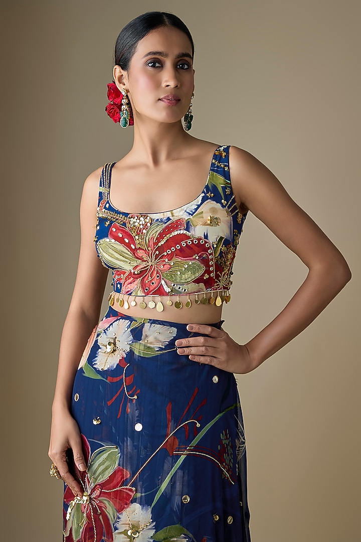Blue Georgette Floral Printed Draped Tiered Skirt Wedding Saree Set by DiyaRajvvir at Pernia's Pop Up Shop