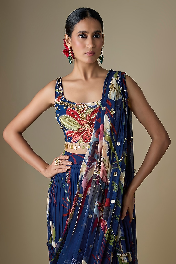 Blue Georgette Floral Printed Draped Tiered Skirt Wedding Saree Set by DiyaRajvvir at Pernia's Pop Up Shop
