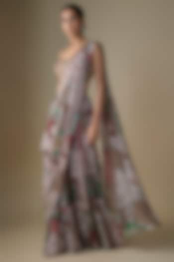 Sage-Maroon Georgette Floral Printed Draped Tiered Skirt Wedding Saree Set by DiyaRajvvir at Pernia's Pop Up Shop