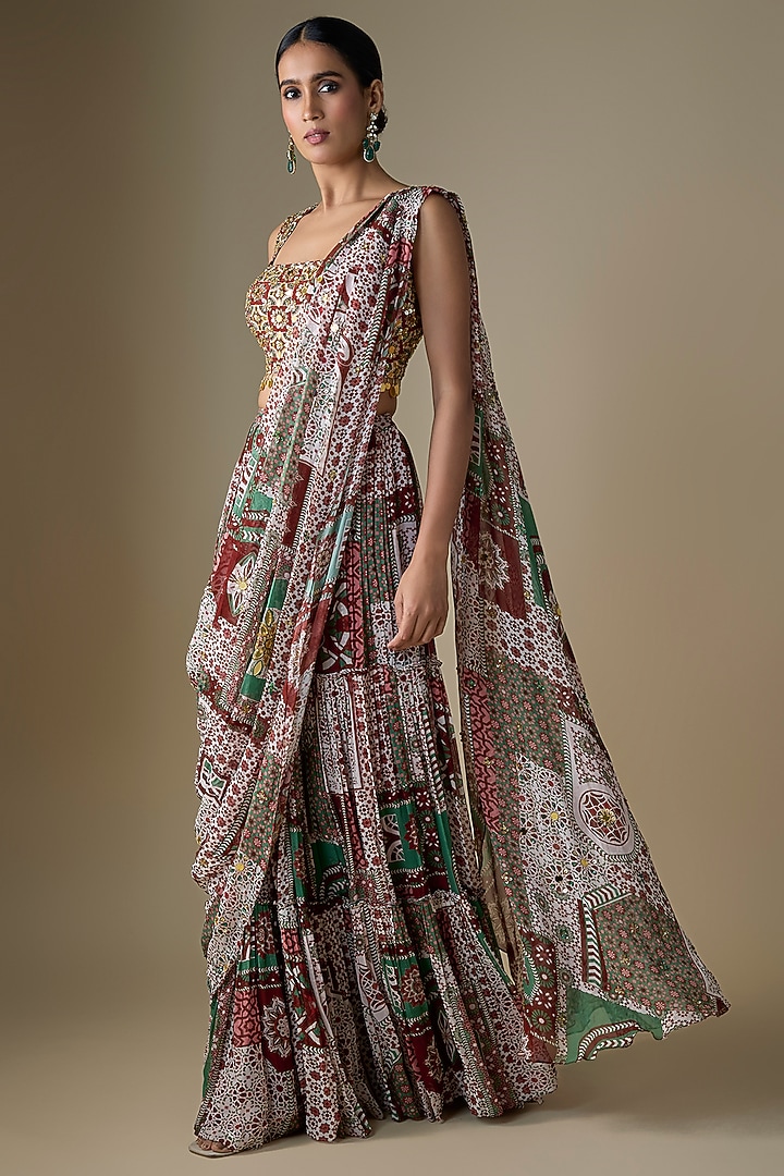 Sage-Maroon Georgette Floral Printed Draped Tiered Skirt Wedding Saree Set by DiyaRajvvir at Pernia's Pop Up Shop