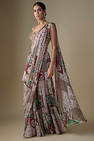 Sage-Maroon Georgette Floral Printed Draped Tiered Skirt Saree Set by DiyaRajvvir