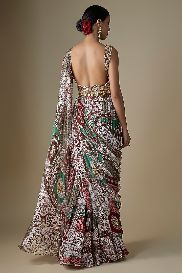 Sage-Maroon Georgette Floral Printed Draped Tiered Skirt Wedding Saree Set by DiyaRajvvir at Pernia's Pop Up Shop