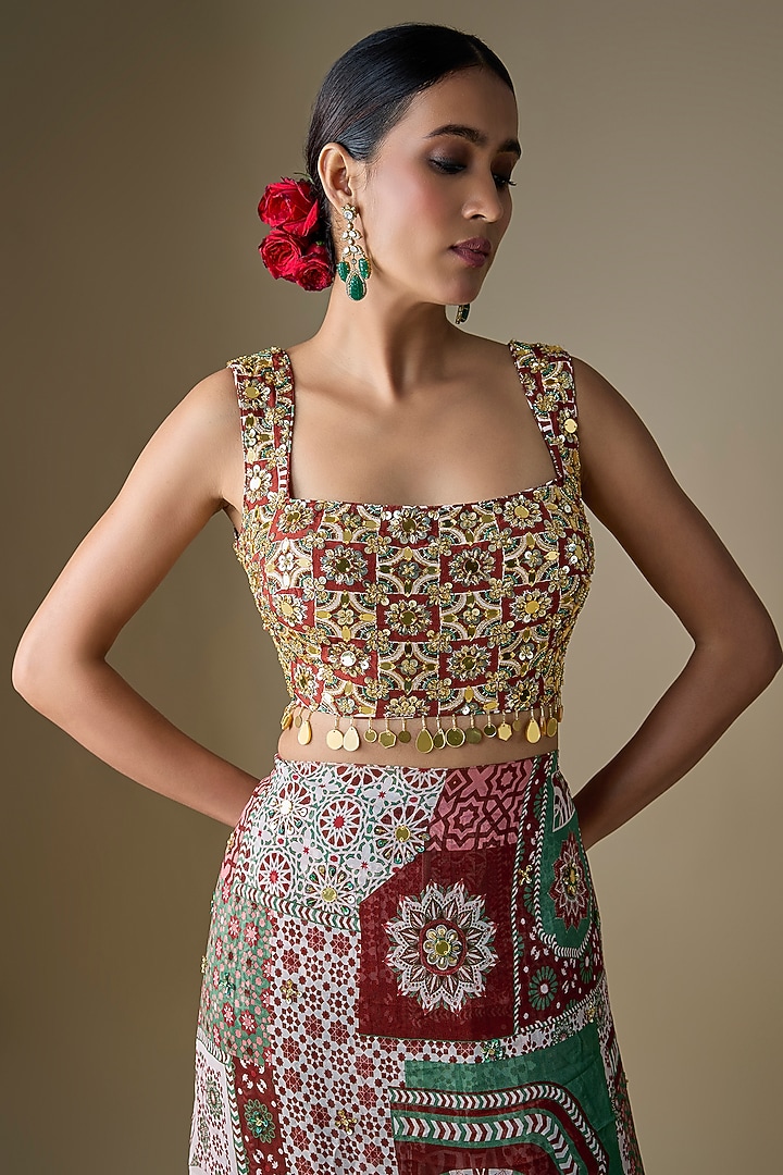 Sage-Maroon Georgette Floral Printed Draped Tiered Skirt Wedding Saree Set by DiyaRajvvir at Pernia's Pop Up Shop