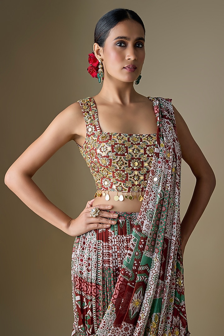 Sage-Maroon Georgette Floral Printed Draped Tiered Skirt Wedding Saree Set by DiyaRajvvir at Pernia's Pop Up Shop