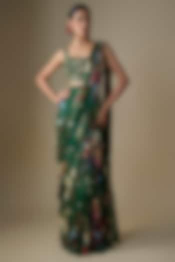 Green Georgette Floral Printed Draped Tiered Skirt Wedding Saree Set by DiyaRajvvir at Pernia's Pop Up Shop