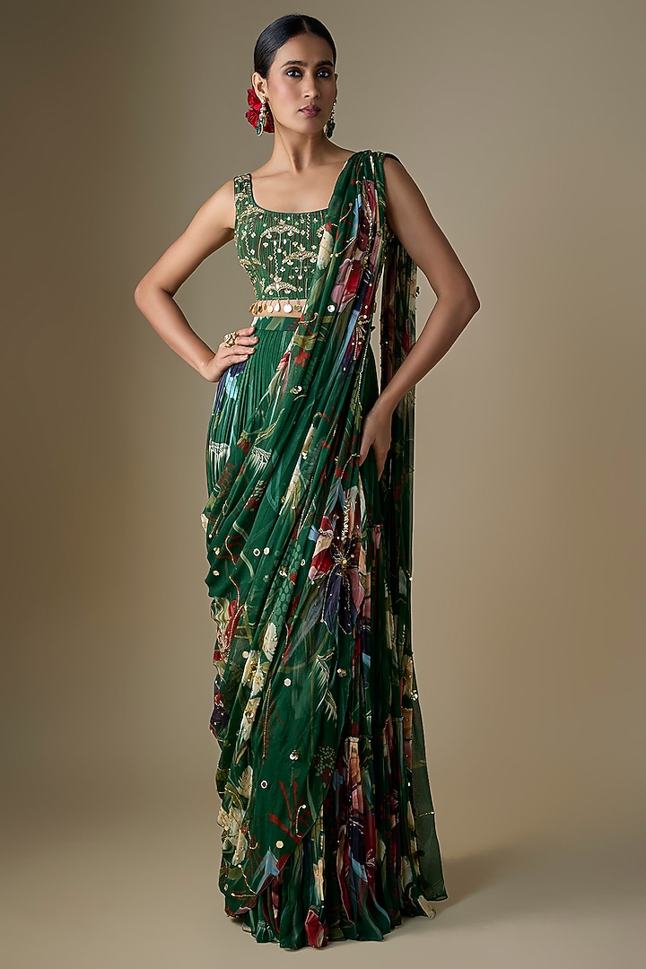 Green Georgette Floral Printed Draped Tiered Skirt Wedding Saree Set by DiyaRajvvir at Pernia's Pop Up Shop