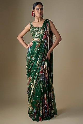Green Georgette Floral Printed Draped Tiered Skirt Saree Set by DiyaRajvvir