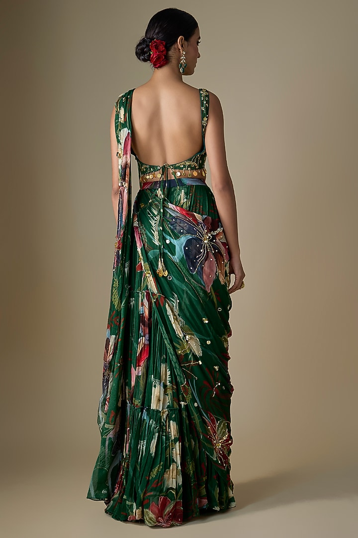 Green Georgette Floral Printed Draped Tiered Skirt Wedding Saree Set by DiyaRajvvir at Pernia's Pop Up Shop