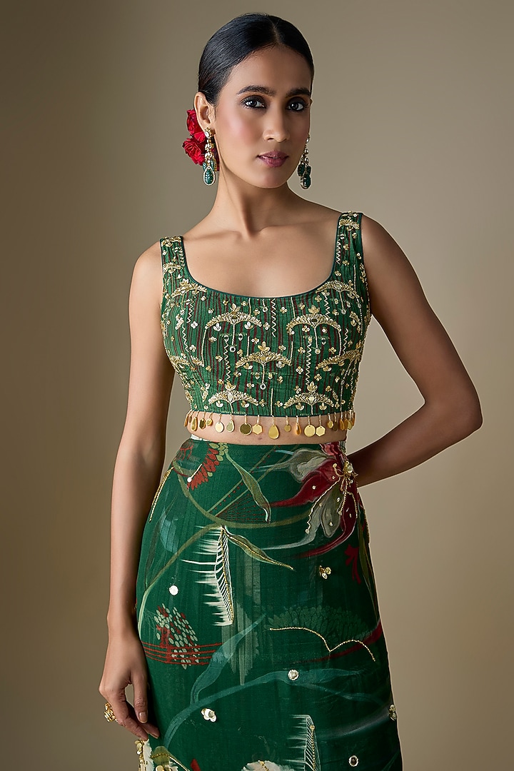 Green Georgette Floral Printed Draped Tiered Skirt Wedding Saree Set by DiyaRajvvir at Pernia's Pop Up Shop