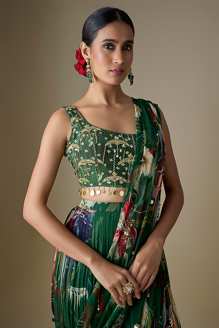 Green Georgette Floral Printed Draped Tiered Skirt Wedding Saree Set by DiyaRajvvir at Pernia's Pop Up Shop