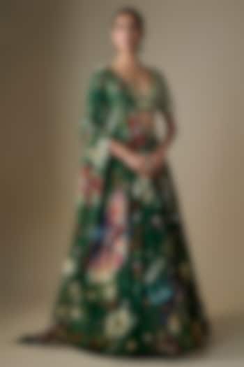 Green Georgette Floral Printed Wedding Lehenga Set by DiyaRajvvir at Pernia's Pop Up Shop