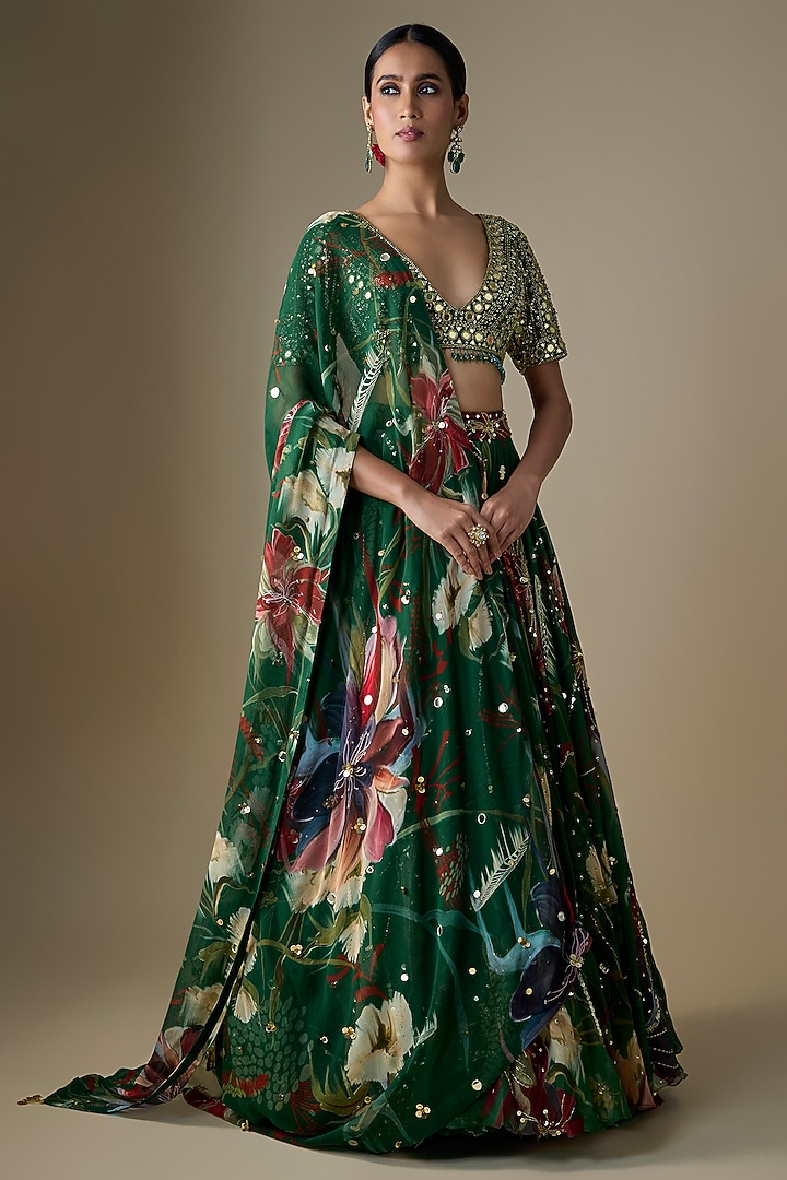 Green Georgette Floral Printed Wedding Lehenga Set by DiyaRajvvir at Pernia's Pop Up Shop
