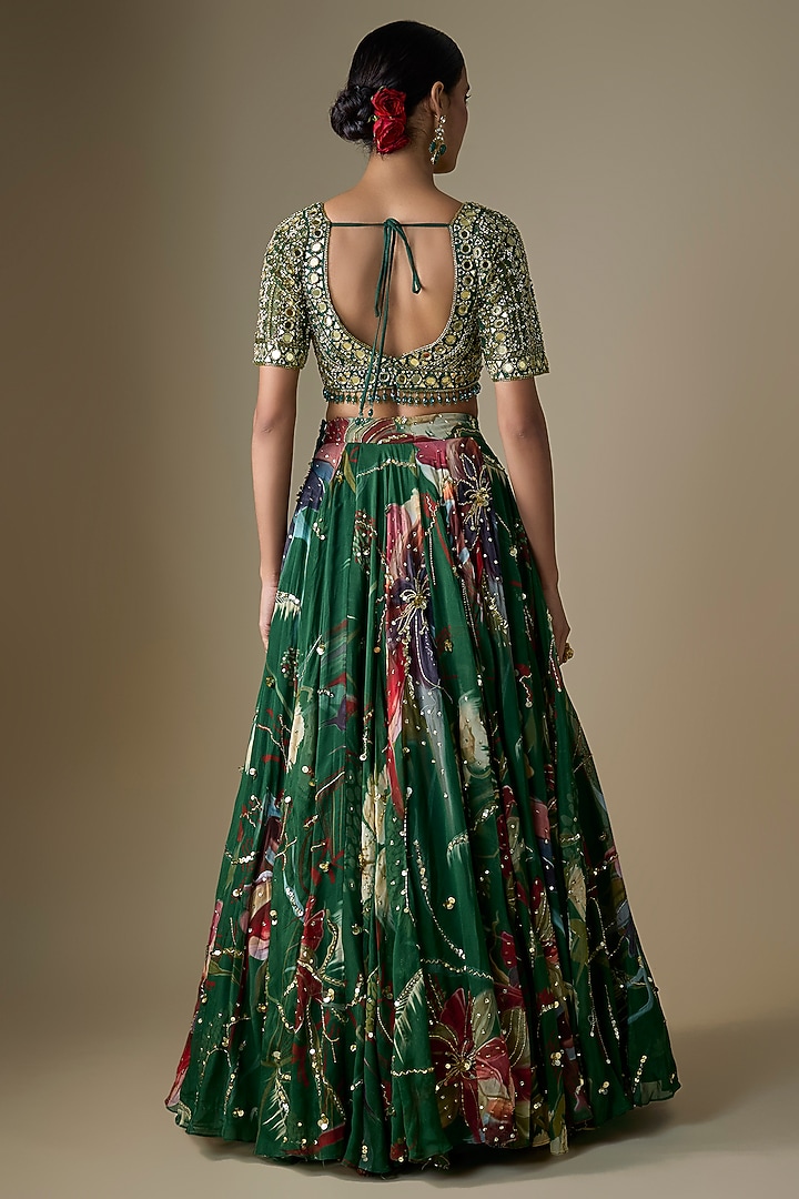 Green Georgette Floral Printed Wedding Lehenga Set by DiyaRajvvir at Pernia's Pop Up Shop