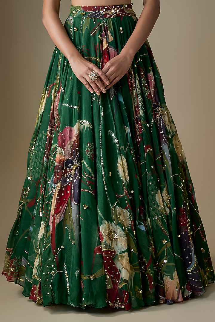 Green Georgette Floral Printed Wedding Lehenga Set by DiyaRajvvir at Pernia's Pop Up Shop