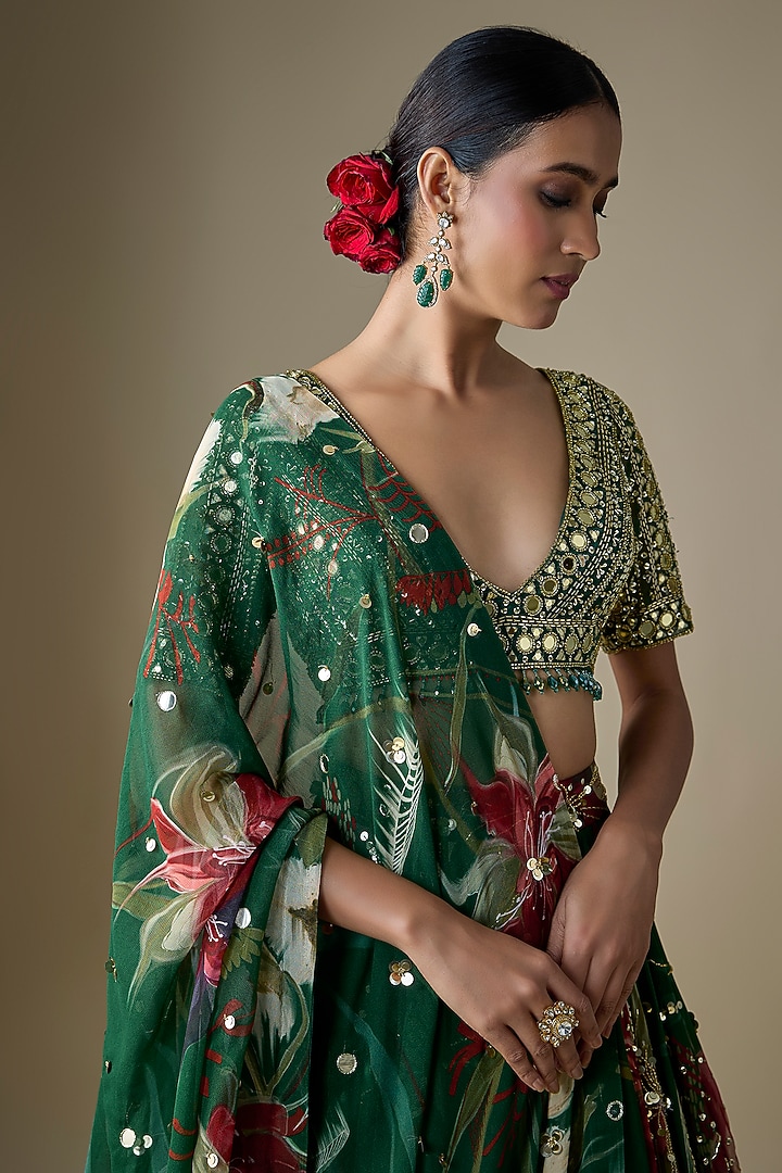 Green Georgette Floral Printed Wedding Lehenga Set by DiyaRajvvir at Pernia's Pop Up Shop