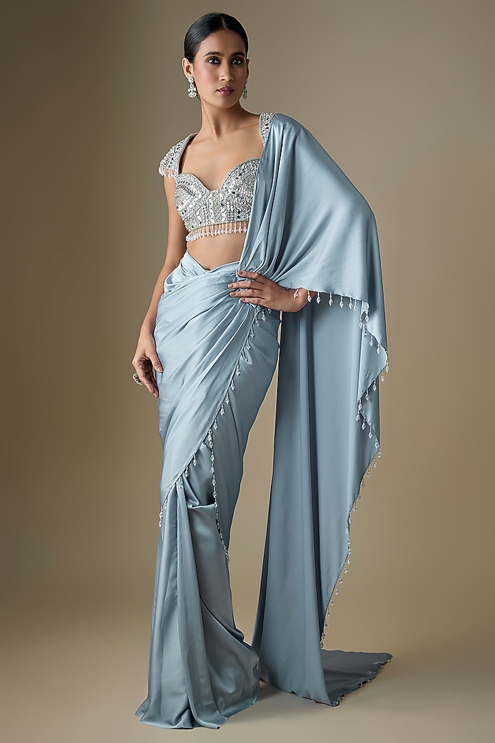 Powder Blue Armani Satin Pre-Draped Skirt Wedding Saree Set by DiyaRajvvir at Pernia's Pop Up Shop