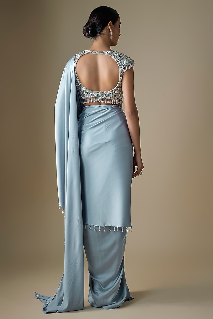Powder Blue Armani Satin Pre-Draped Skirt Wedding Saree Set by DiyaRajvvir at Pernia's Pop Up Shop