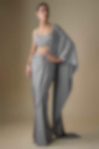 Grey Armani Satin Pre-Draped Skirt Wedding Saree Set by DiyaRajvvir at Pernia's Pop Up Shop