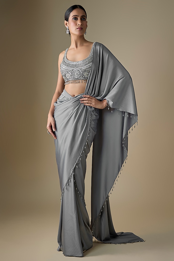 Grey Armani Satin Pre-Draped Skirt Wedding Saree Set by DiyaRajvvir at Pernia's Pop Up Shop