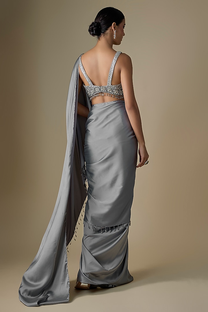 Grey Armani Satin Pre-Draped Skirt Wedding Saree Set by DiyaRajvvir at Pernia's Pop Up Shop