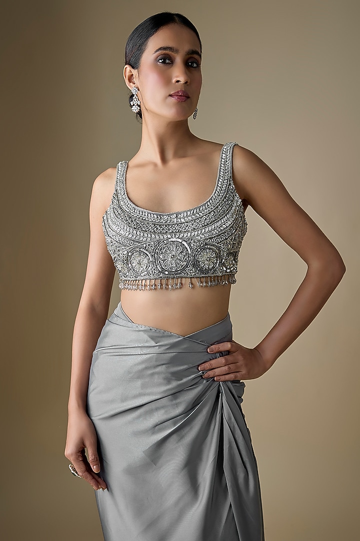 Grey Armani Satin Pre-Draped Skirt Wedding Saree Set by DiyaRajvvir at Pernia's Pop Up Shop
