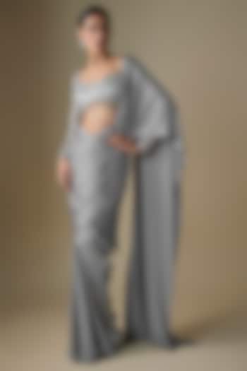 Light Grey Armani Satin Pre-Draped Skirt Wedding Saree Set by DiyaRajvvir at Pernia's Pop Up Shop