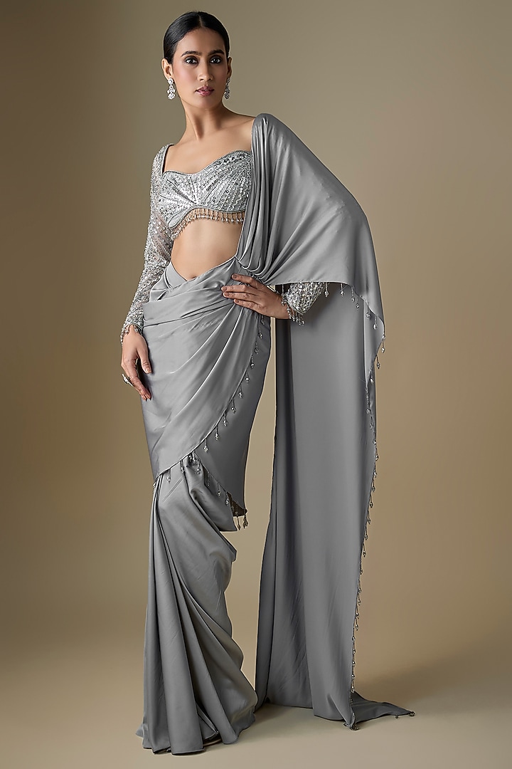 Light Grey Armani Satin Pre-Draped Skirt Wedding Saree Set by DiyaRajvvir at Pernia's Pop Up Shop