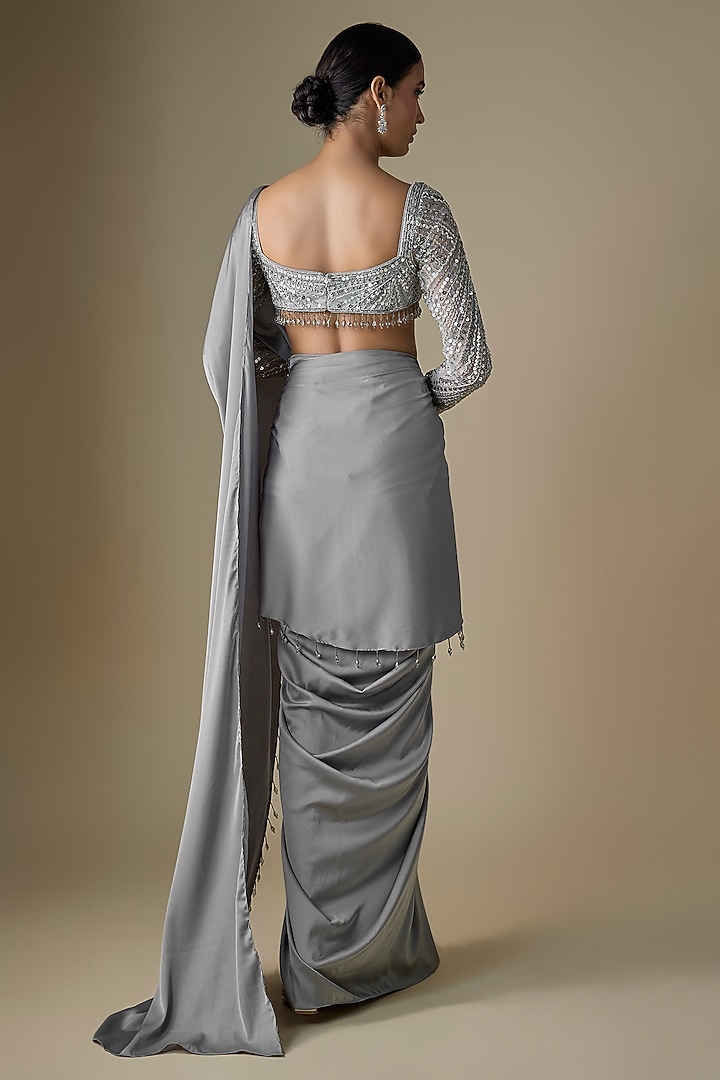 Light Grey Armani Satin Pre-Draped Skirt Wedding Saree Set by DiyaRajvvir at Pernia's Pop Up Shop