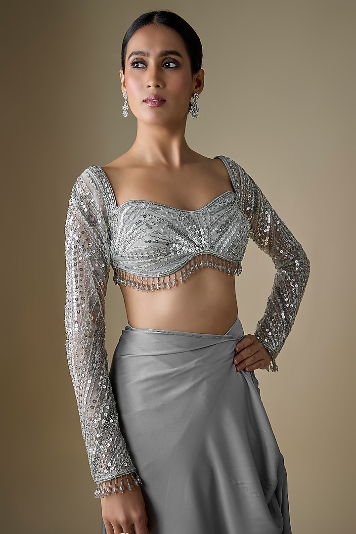 Light Grey Armani Satin Pre-Draped Skirt Wedding Saree Set by DiyaRajvvir at Pernia's Pop Up Shop