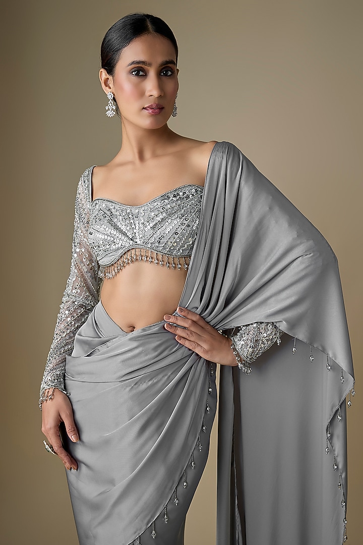 Light Grey Armani Satin Pre-Draped Skirt Wedding Saree Set by DiyaRajvvir at Pernia's Pop Up Shop