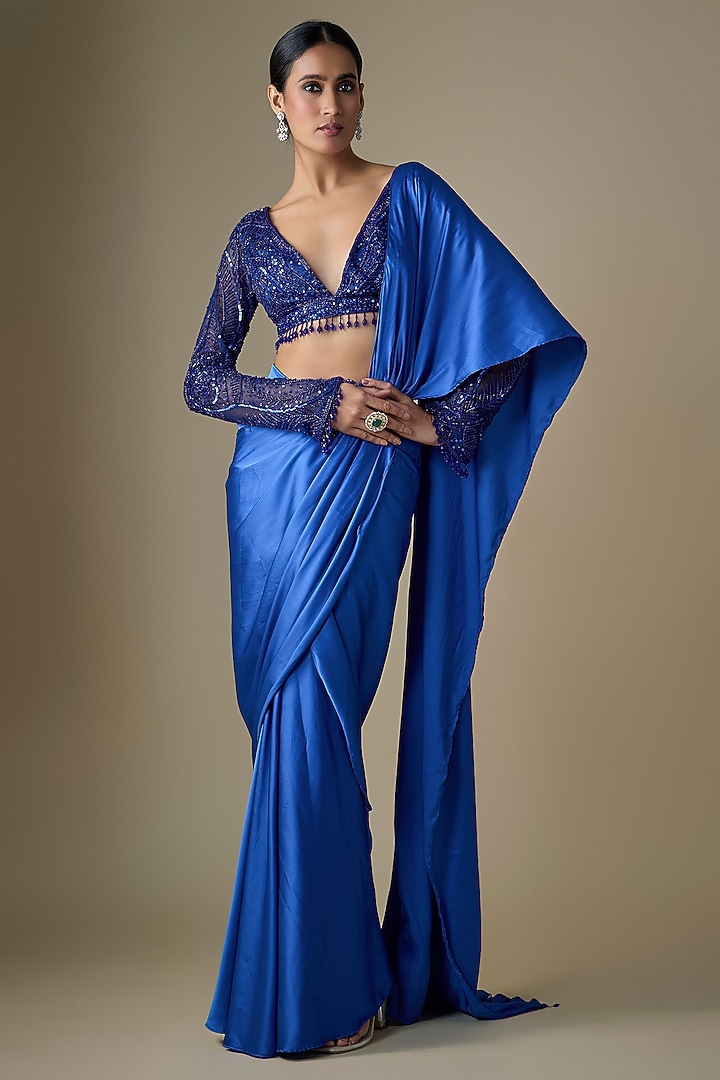 Electric Blue Armani Satin Dhoti Skirt Wedding Saree Set by DiyaRajvvir at Pernia's Pop Up Shop