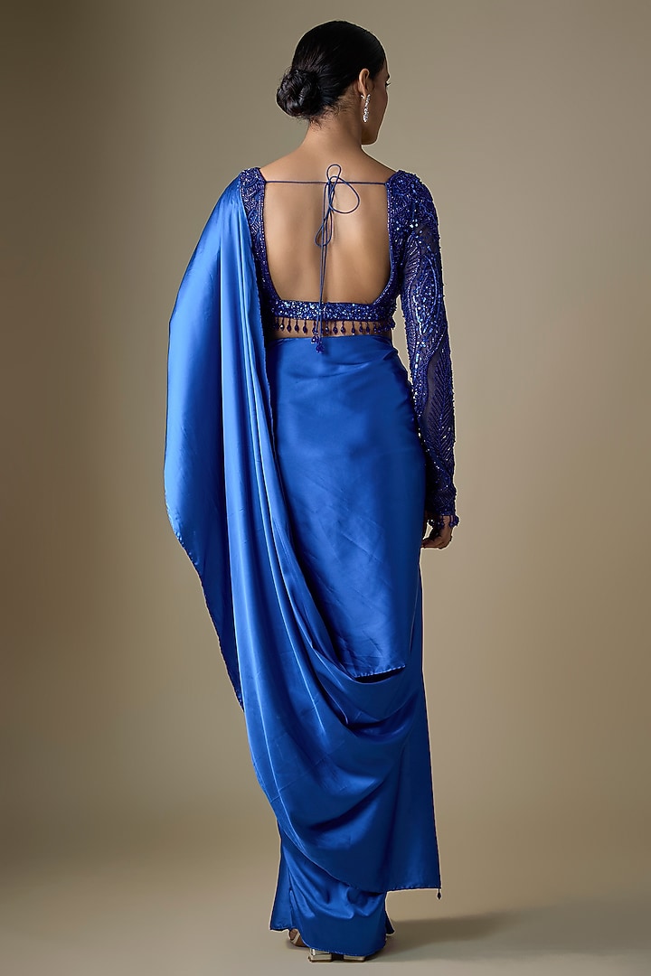 Electric Blue Armani Satin Dhoti Skirt Wedding Saree Set by DiyaRajvvir at Pernia's Pop Up Shop