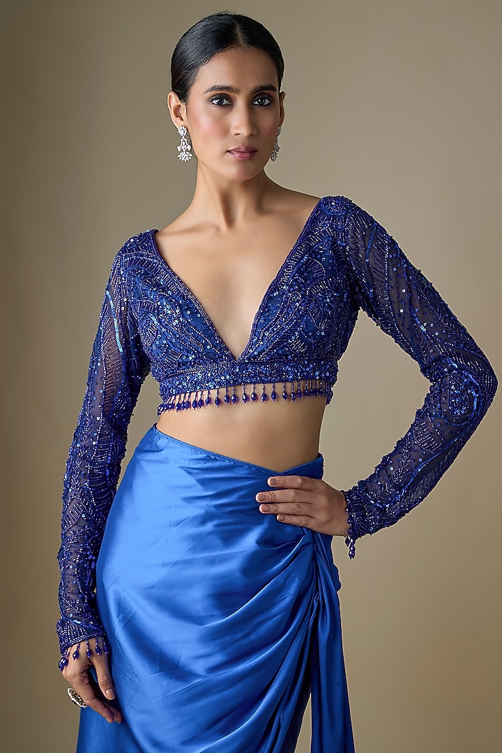 Electric Blue Armani Satin Dhoti Skirt Wedding Saree Set by DiyaRajvvir at Pernia's Pop Up Shop