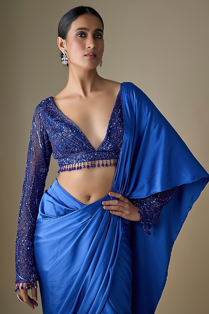 Electric Blue Armani Satin Dhoti Skirt Wedding Saree Set by DiyaRajvvir at Pernia's Pop Up Shop