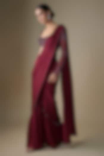 Maroon Armani Satin Sharara Wedding Saree Set by DiyaRajvvir at Pernia's Pop Up Shop