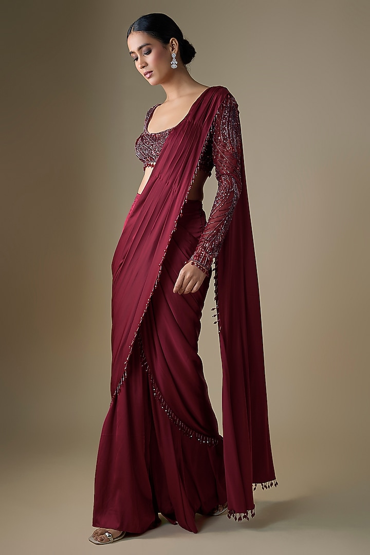 Maroon Armani Satin Sharara Wedding Saree Set by DiyaRajvvir at Pernia's Pop Up Shop