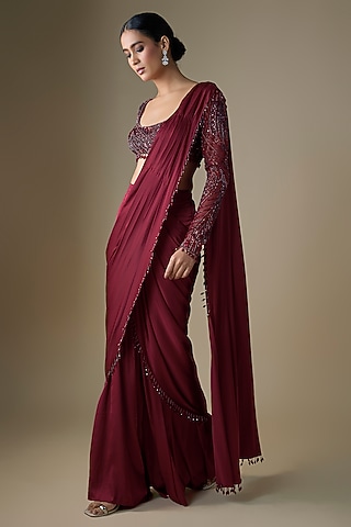 Maroon Armani Satin Sharara Saree Set by DiyaRajvvir