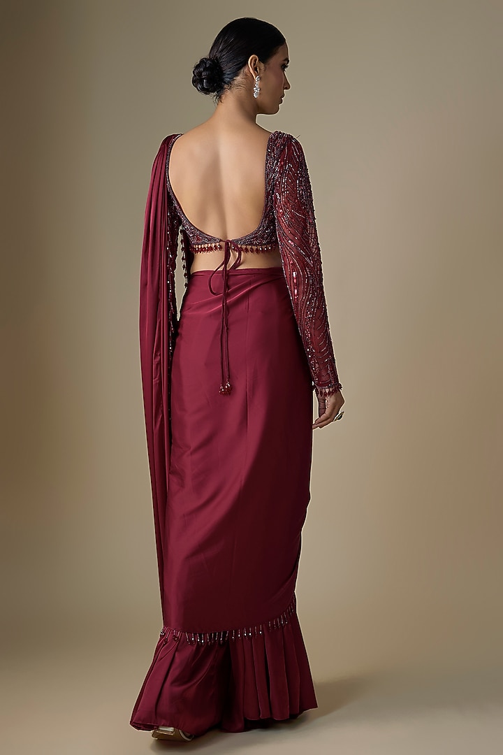 Maroon Armani Satin Sharara Wedding Saree Set by DiyaRajvvir at Pernia's Pop Up Shop