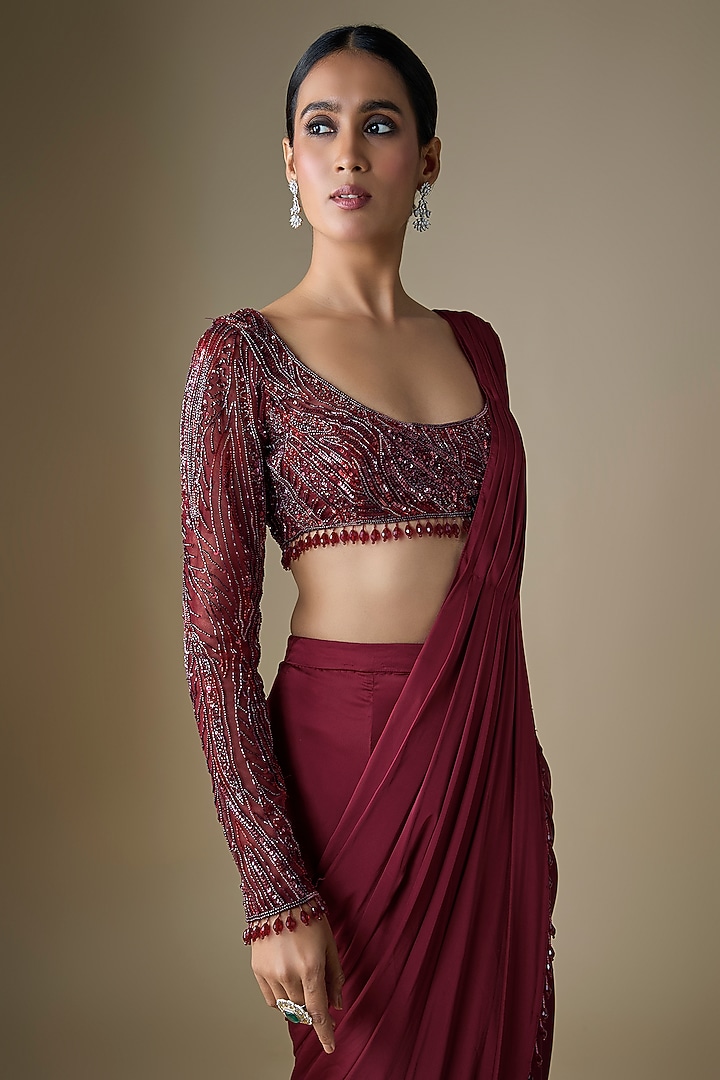 Maroon Armani Satin Sharara Wedding Saree Set by DiyaRajvvir at Pernia's Pop Up Shop