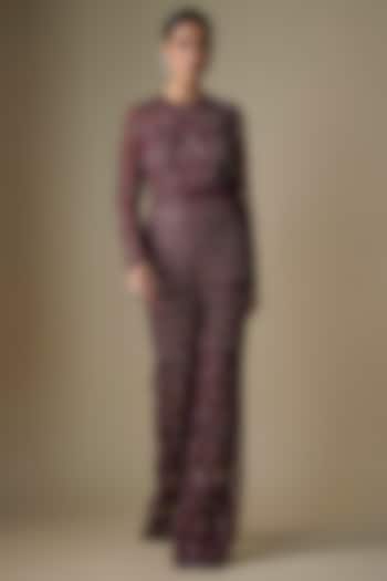 Maroon Net & Shantoon Floral Embroidered Jumpsuit by DiyaRajvvir at Pernia's Pop Up Shop