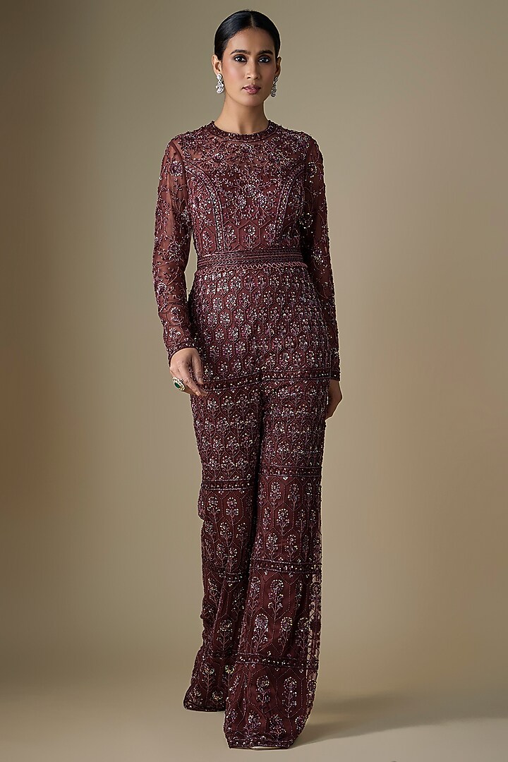 Maroon Net & Shantoon Floral Embroidered Jumpsuit by DiyaRajvvir at Pernia's Pop Up Shop