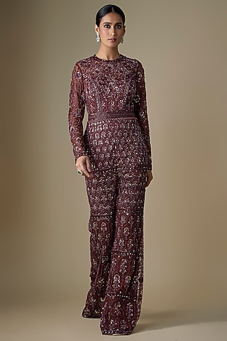 Maroon Net & Shantoon Floral Embroidered Jumpsuit by DiyaRajvvir