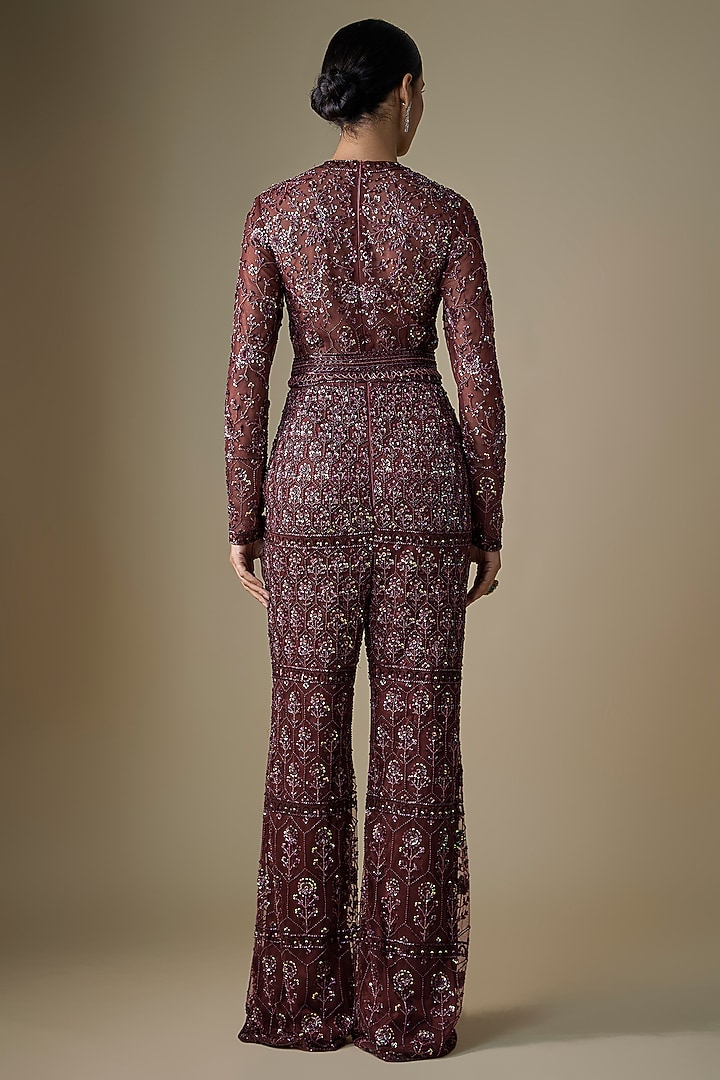 Maroon Net & Shantoon Floral Embroidered Jumpsuit by DiyaRajvvir at Pernia's Pop Up Shop