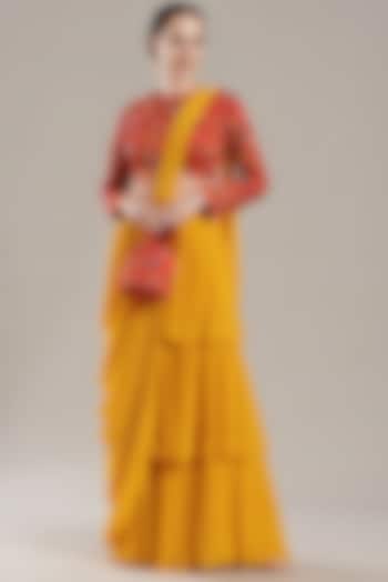 Yellow Georgette Layered Saree Set by DiyaRajvvir